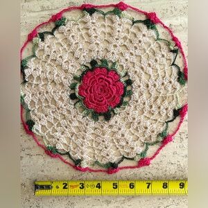 Vintage Handmade Crochet Doily with Pink Rose Center